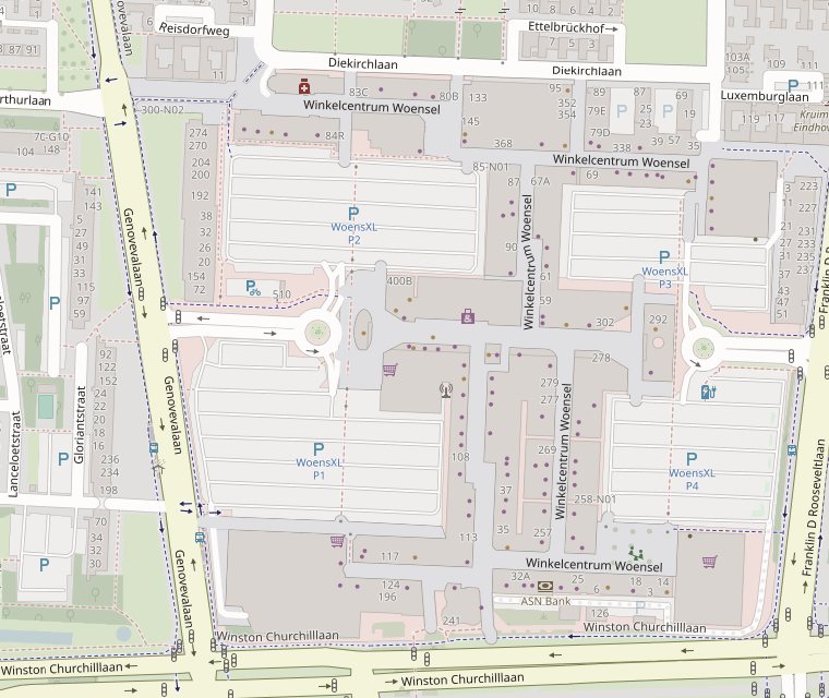 Kaart van Winkelcentrum Woensel in Eindhoven met de locatie van Hakiki Döner en de parkeerplaatsen eromheen